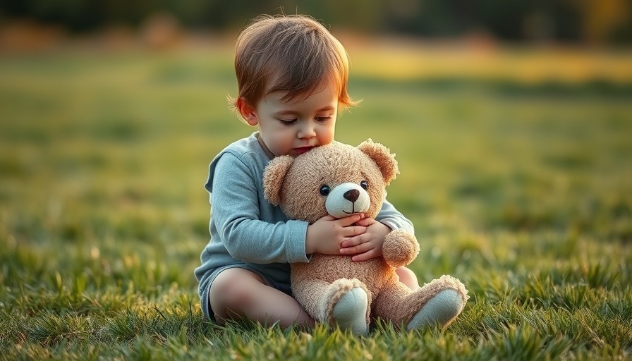 Child holding teddy bear on grass, reflective moment in warm daylight.
