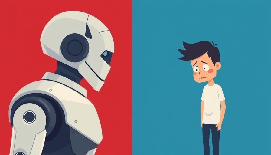 Stylized image of AI robot and worried human highlighting Künstliche Intelligenz Risiken