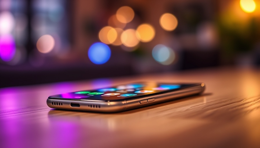 Modern smartphone with glowing screen and app display on wooden table.