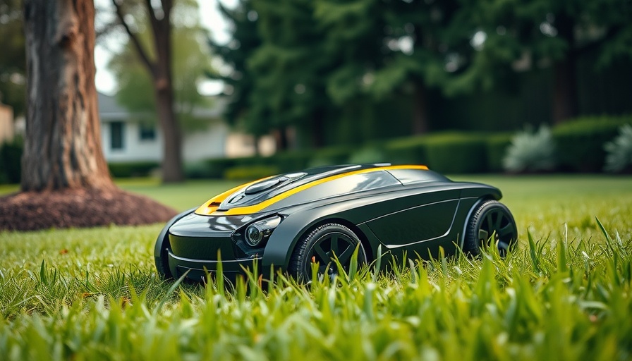 Sleek robotic lawnmower navigating grass, modern garden.