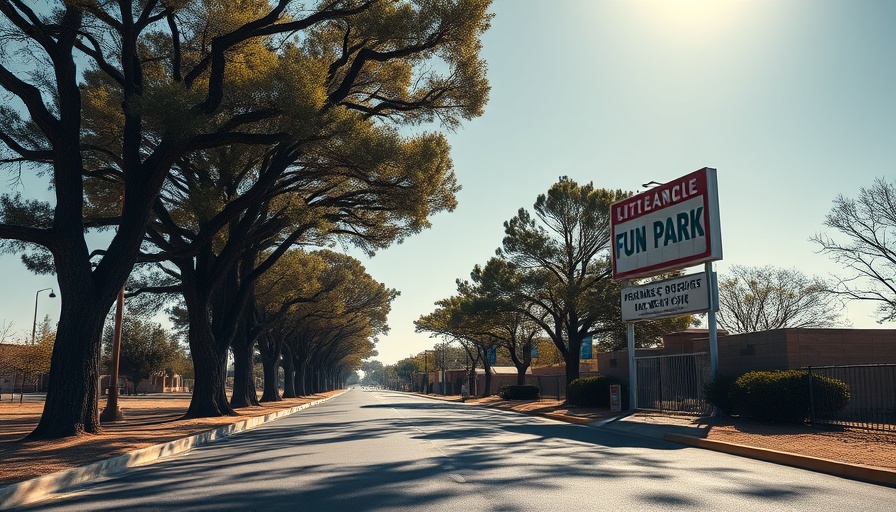 Quiet entrance to Fun-Parc Trittau with trees and sign.