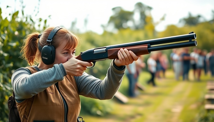 Woman aiming shotgun at Neubau Schießstand Pinneberg outdoor range.