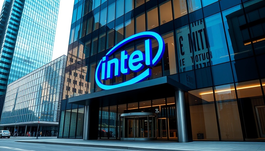 Intel building with blue sign and glass facade.