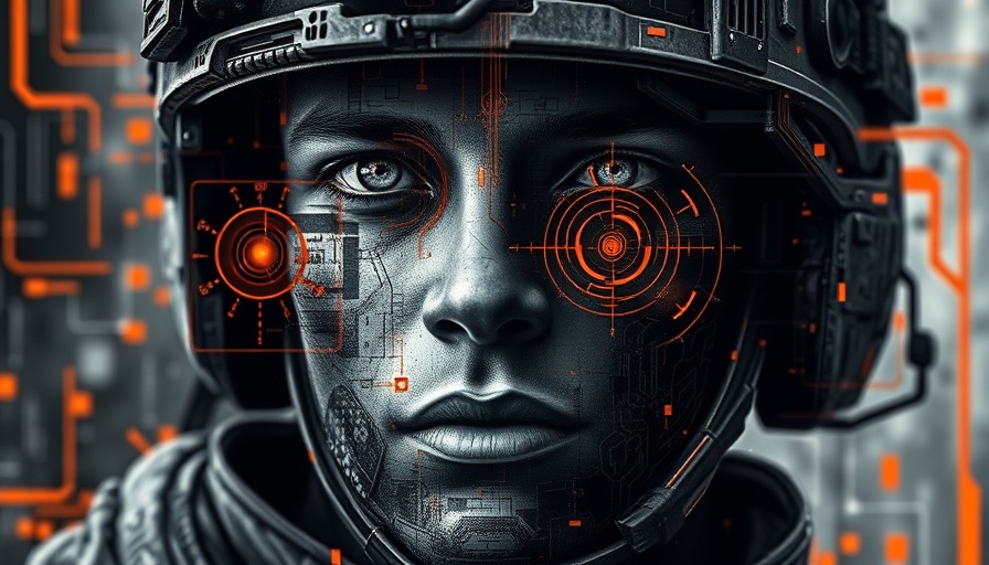 Futuristic soldier with digital overlays, responsibility in AI warfare.