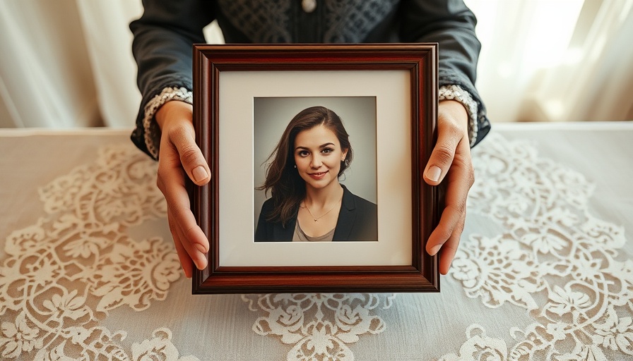 Framed portrait held with significance on lace tablecloth, Tragödie Disco Trittau.