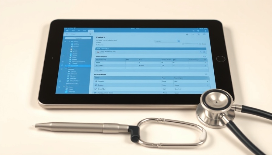 Digital tablet showing electronic patient record alongside stethoscope.