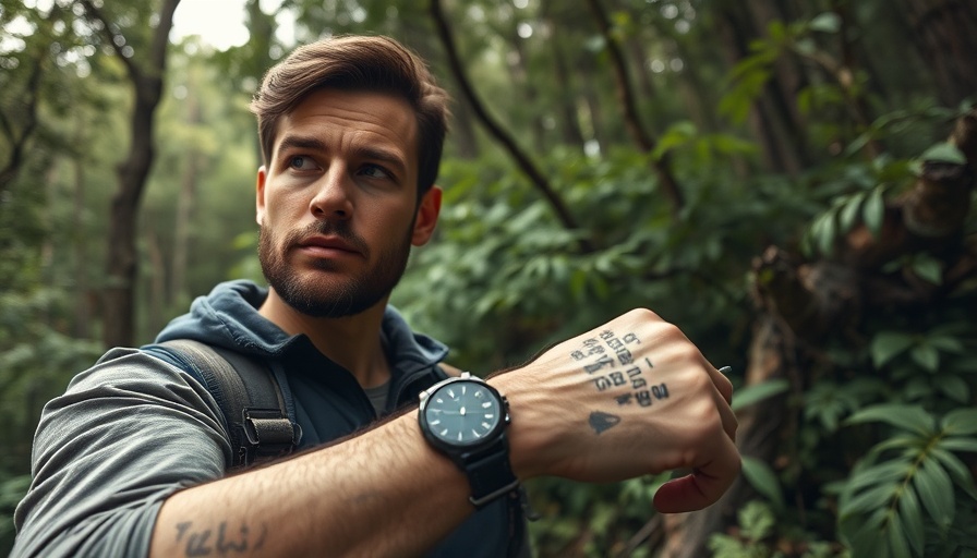 Man wearing Garmin Instinct 3 Tactical Edition exploring forest.