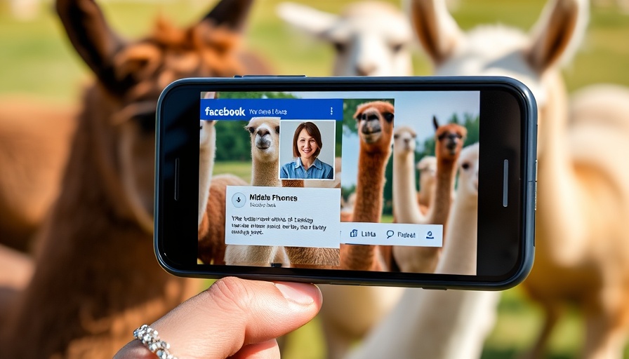 Smartphone showing a Facebook profile with llamas and Meta logo.