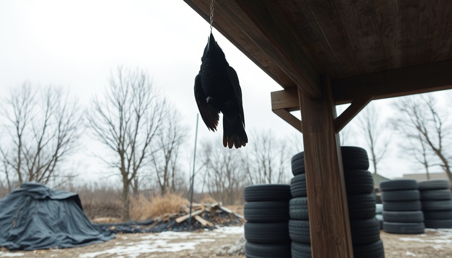Tote Krähe am Galgen, hanging from a wooden beam outdoors.