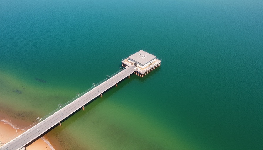 Aerial view of new pier in Scharbeutz, green sea, sandy beach.