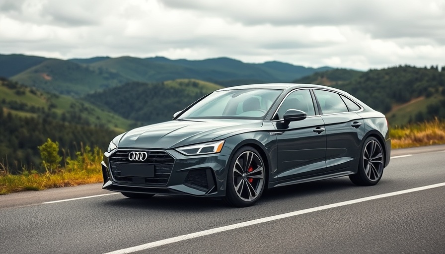 Futuristic AUDI E5 Sportback on scenic road in lush landscape.