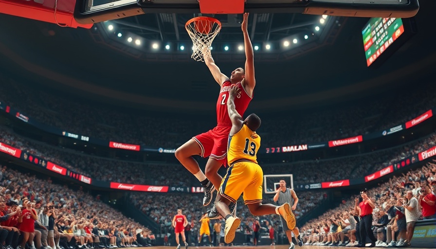 Exciting NBA playoff game scene, dramatic dunk attempt.