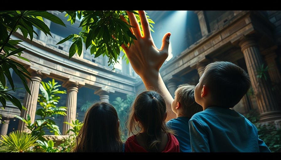 Pompeji VR Erlebnis with kids viewing giant hand in foliage.