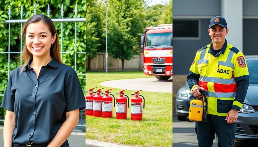Triptych with fire extinguishers and ADAC personnel at Raststätte Reinfeld.