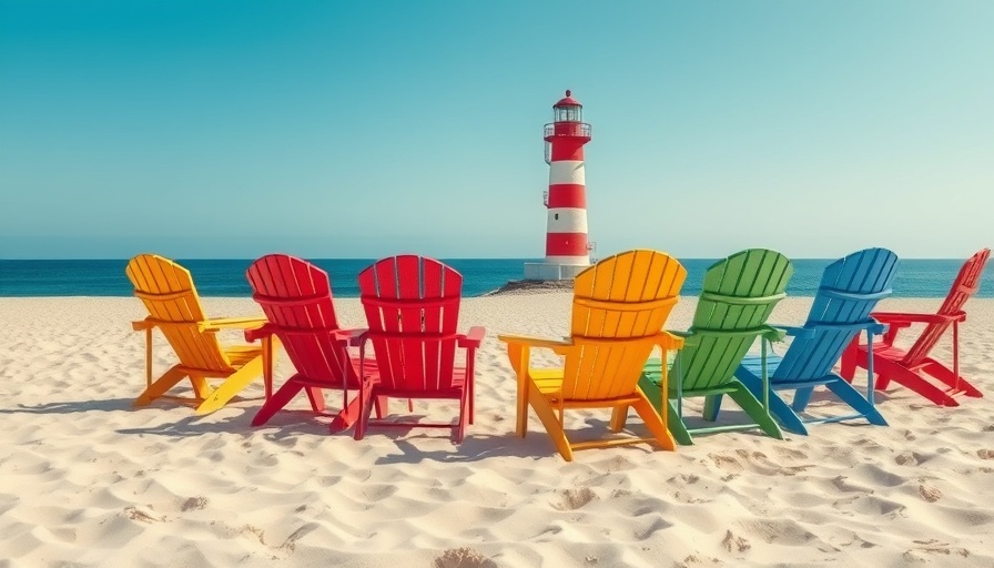 Colorful beach chairs and lighthouse at seaside for Strandkorb-Buchung per Smartphone.