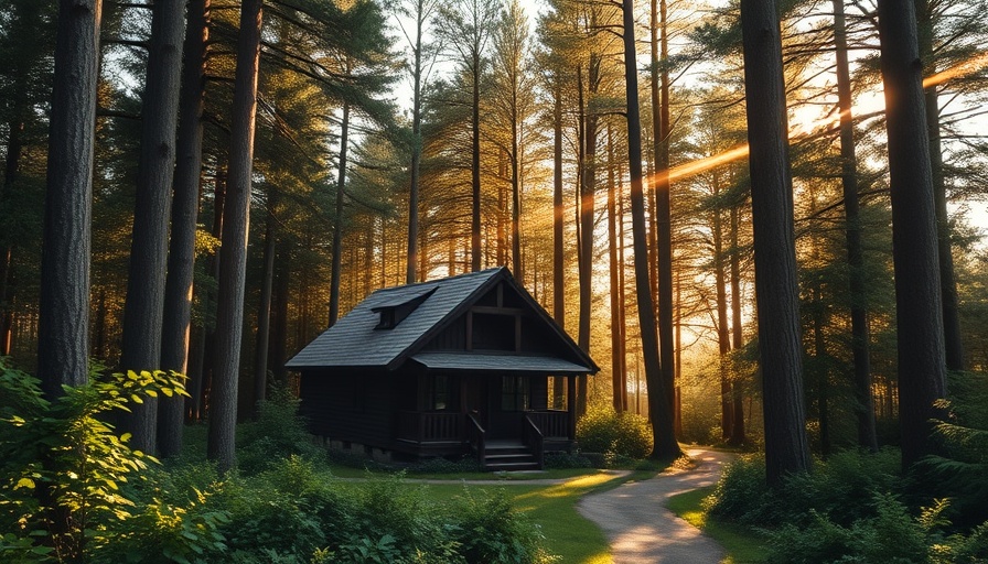 Rustic cottage in Sachsenwald in warm sunlight among dense trees