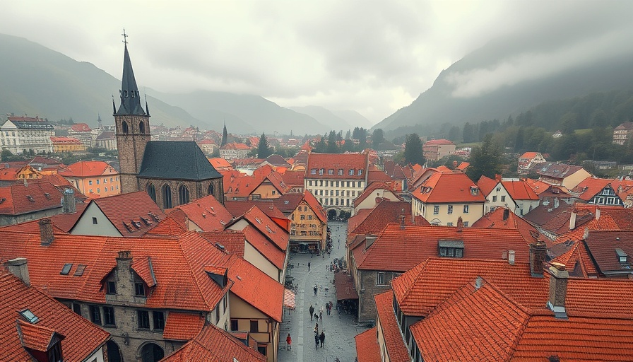 Revitalisierung des Harzes: Aerial view of a quaint medieval town with red roofs and misty mountains.