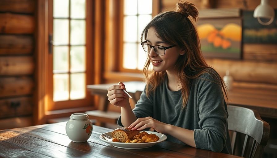 Woman enjoying breakfast in rustic setting, Landleben in Stormarn.