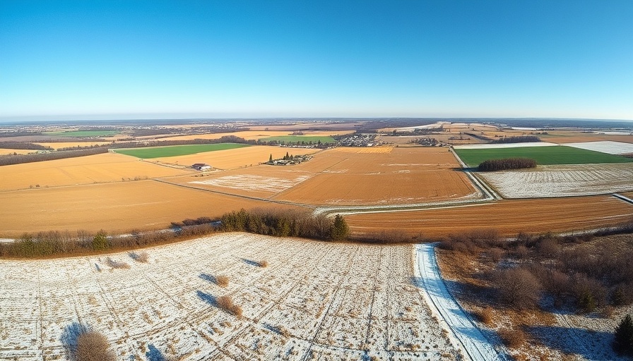 Gründstück in Stormarn: expansive snowy farmland and distant village.
