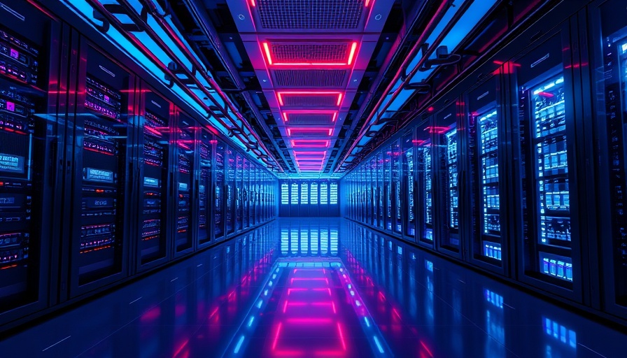 Futuristic data center corridor with vibrant digital elements in Brazil.