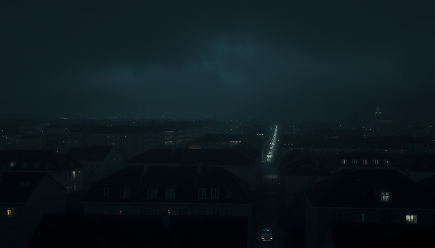 European city in darkness during Stromausfall, silhouetted buildings.