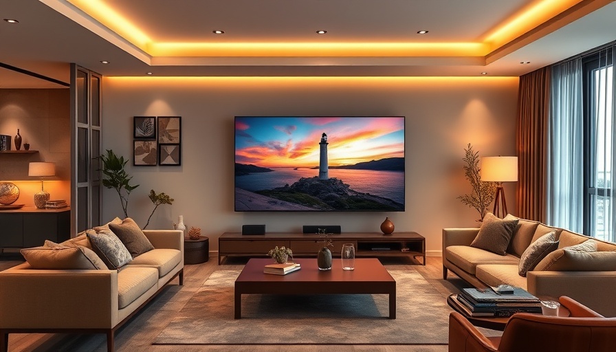 Modern living room with LG QNED evo-Modelle 2025 TV displaying sunset.