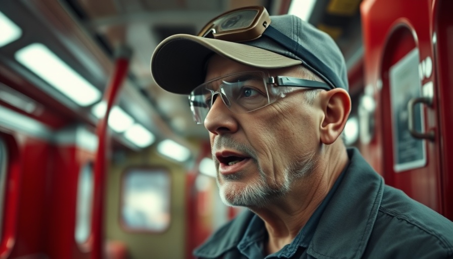 Man discussing in a train with graffiti.