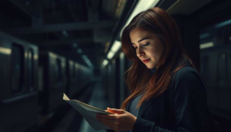 Young woman using phone light to read map during Stromausfall in subway.