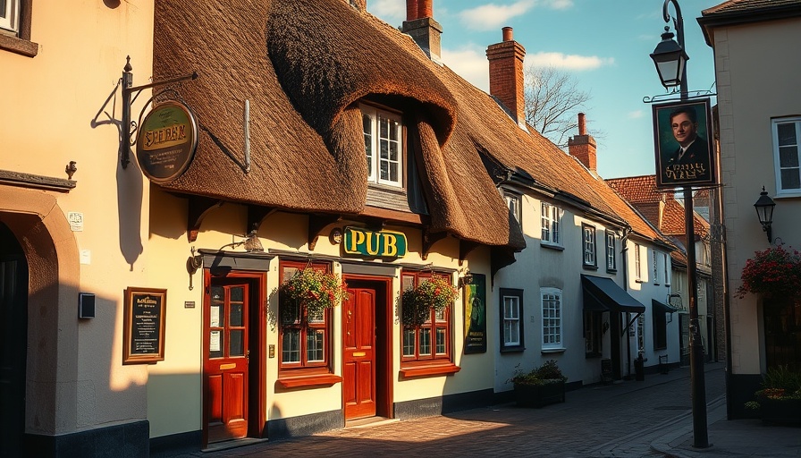 Charming thatched-roof pub with a modern sign on a sunny Sylt street.