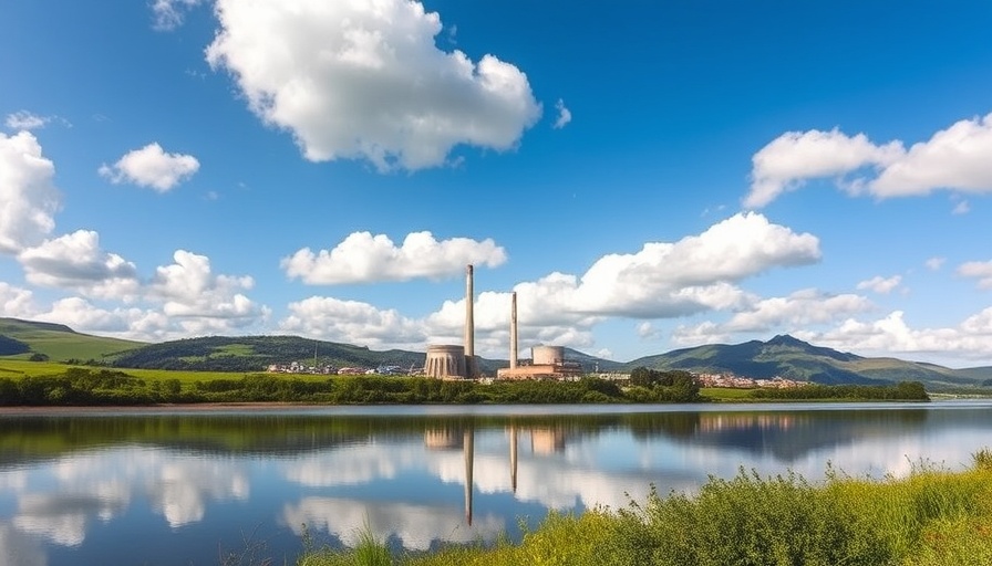 Nuclear plant by river reflecting clouds, serene landscape.