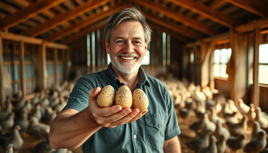 Wachteleier aus Vorpommern showcased by smiling farmer in barn.
