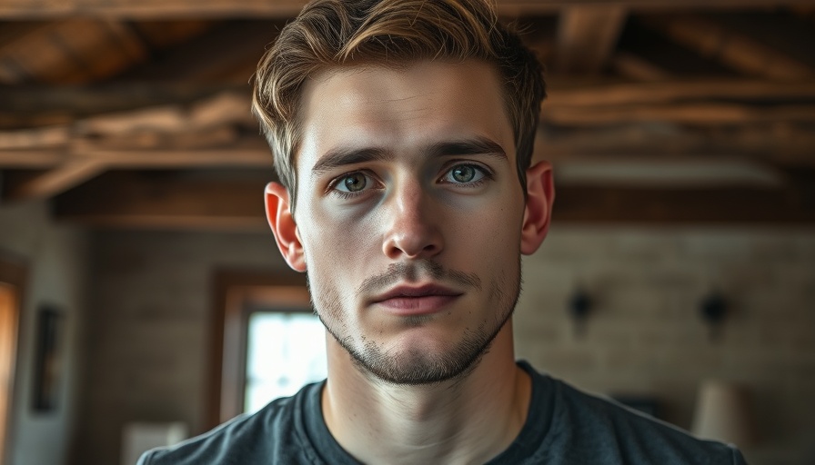 Young man indoors in rustic setting, neutral expression.