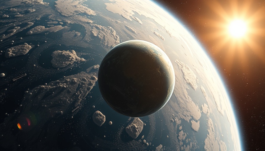 View of Earth and debris orbit from space with sun in the background.