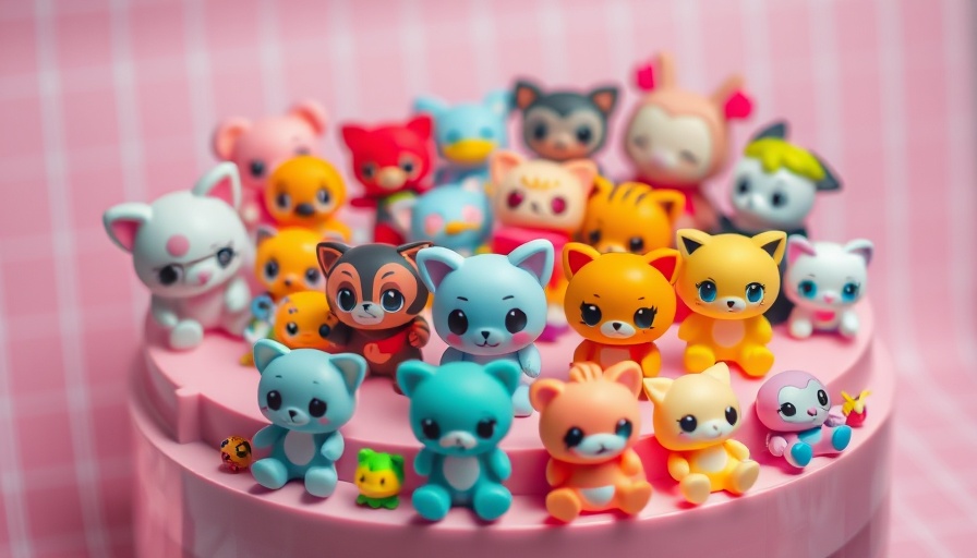 Kawaii mini brands arranged on pink platform with soft lighting.