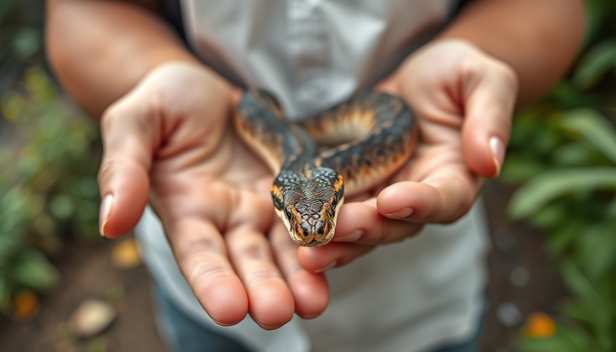 Schlangenalarm im Garten: person holding a snake close-up.