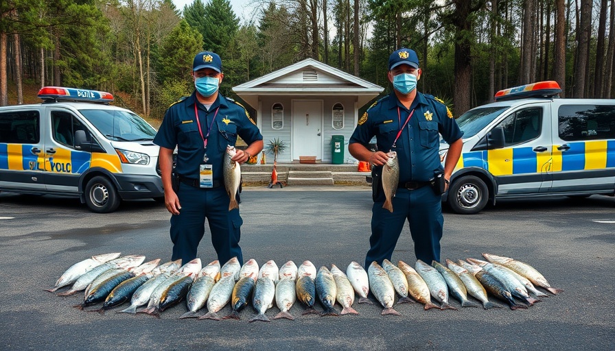 Officers with fish catch in front of police vehicles, IP-Catching scene.