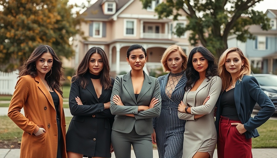 Group of stylish women posing confidently in a suburban setting.