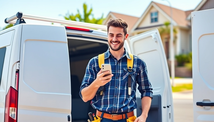Young handyman using smartphone near van for algorithmisches Management Apps