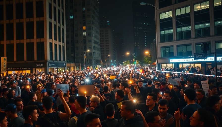 Crowded night protest in Serbia with illuminated lights