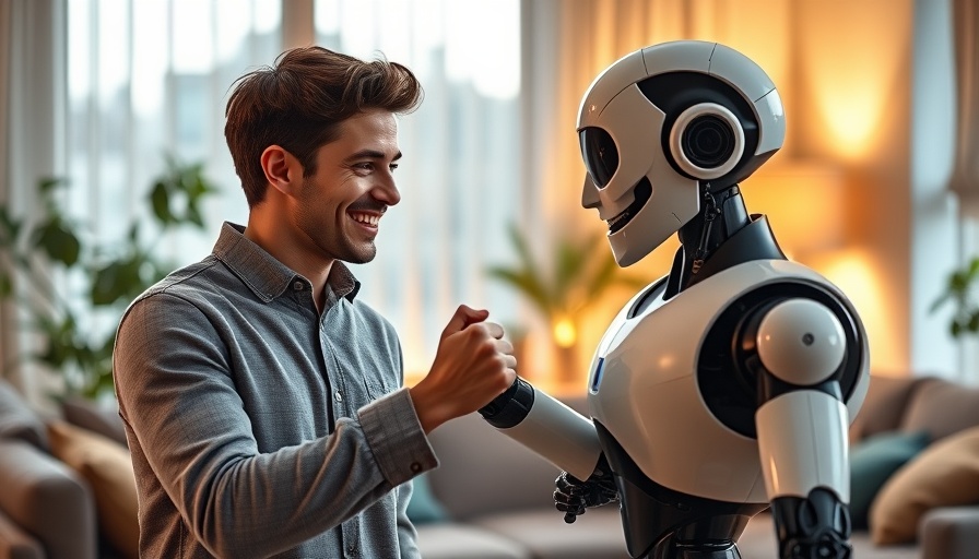 Young man and robot fist bumping in a cozy living room, highlighting KI-Chatbots Einsamkeit.
