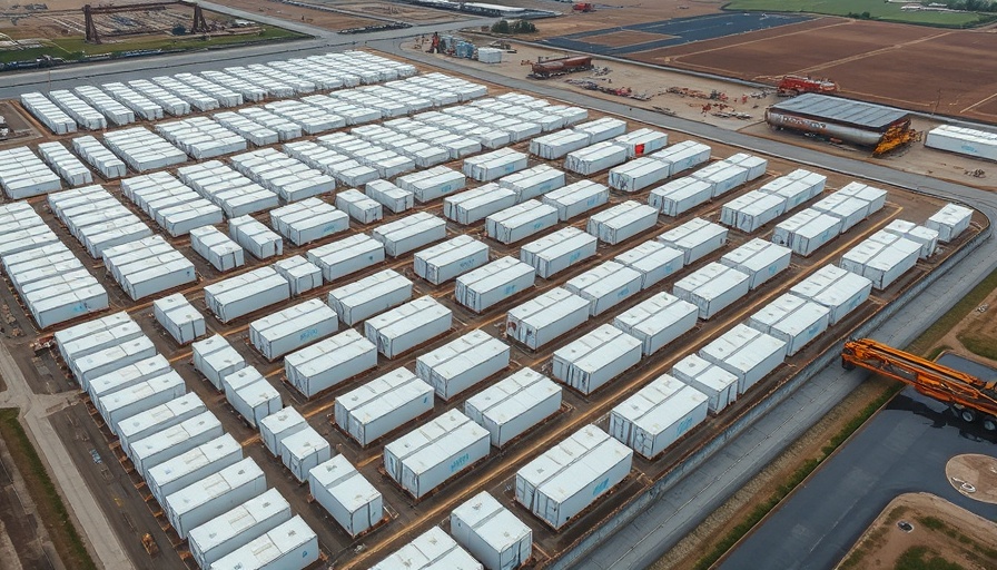 Aerial view of Stromspeicherpark near Hamburg with white containers.