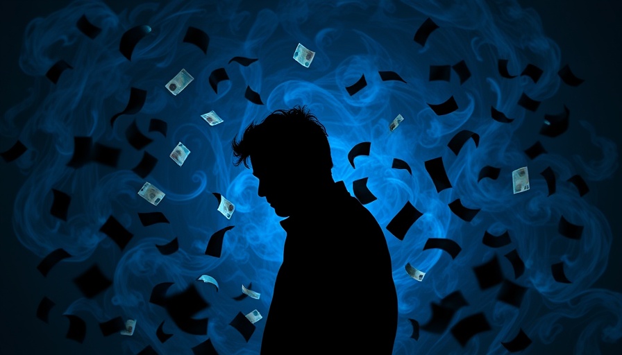 Silhouetted figure with money floating, dramatic blue scene