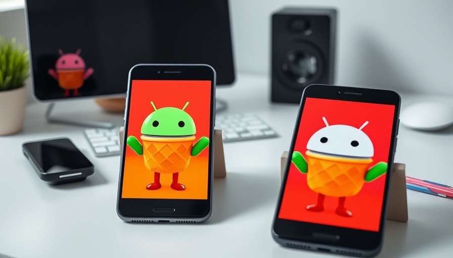 Neues Android Design on modern smartphones with playful mascots.