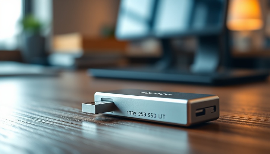 1TB USB-SSD stick offer on wooden desk in a photorealistic image.