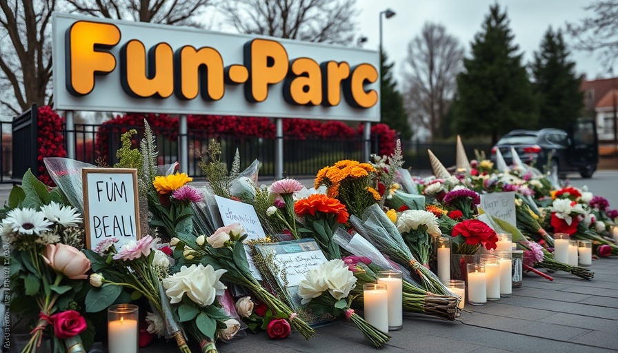 Somber memorial outside Fun-Parc, flowers, candles, investigation ongoing.