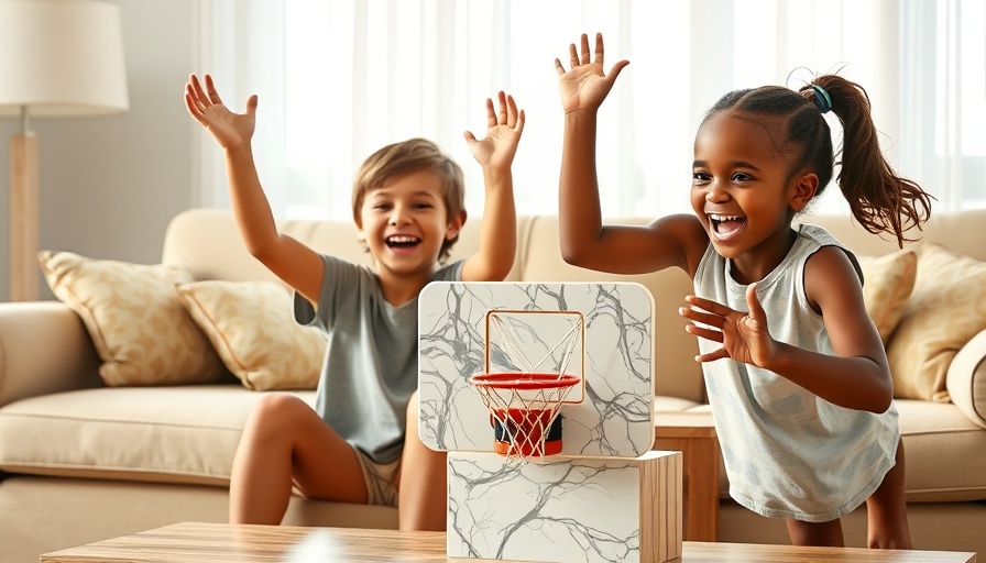 Children enjoying Marble Rush Basketball Set S500 in a living room setting.