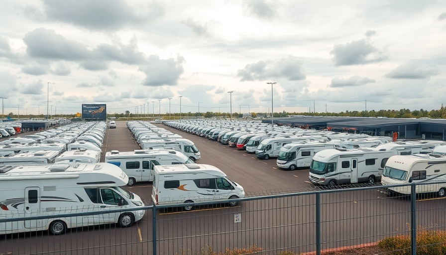 Insolventer Wohnmobilhändler Stormarn dealership lot with RVs under a cloudy sky.
