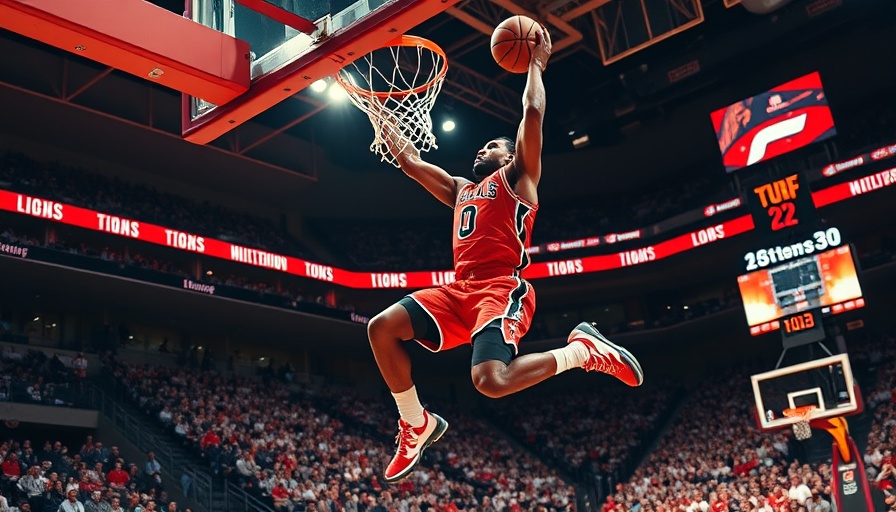 Dramatic slam dunk during basketball game in packed arena.