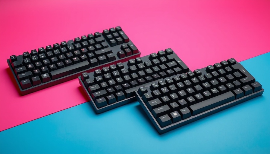 Three sleek mechanical gaming keyboards on bright pink and blue background.