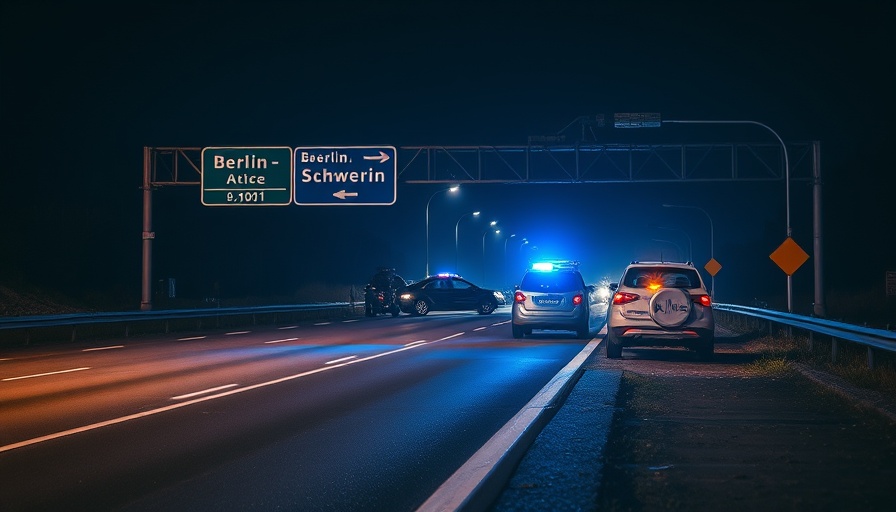 Unfall A24 Reinbek scene with police lights and road signs at night.
